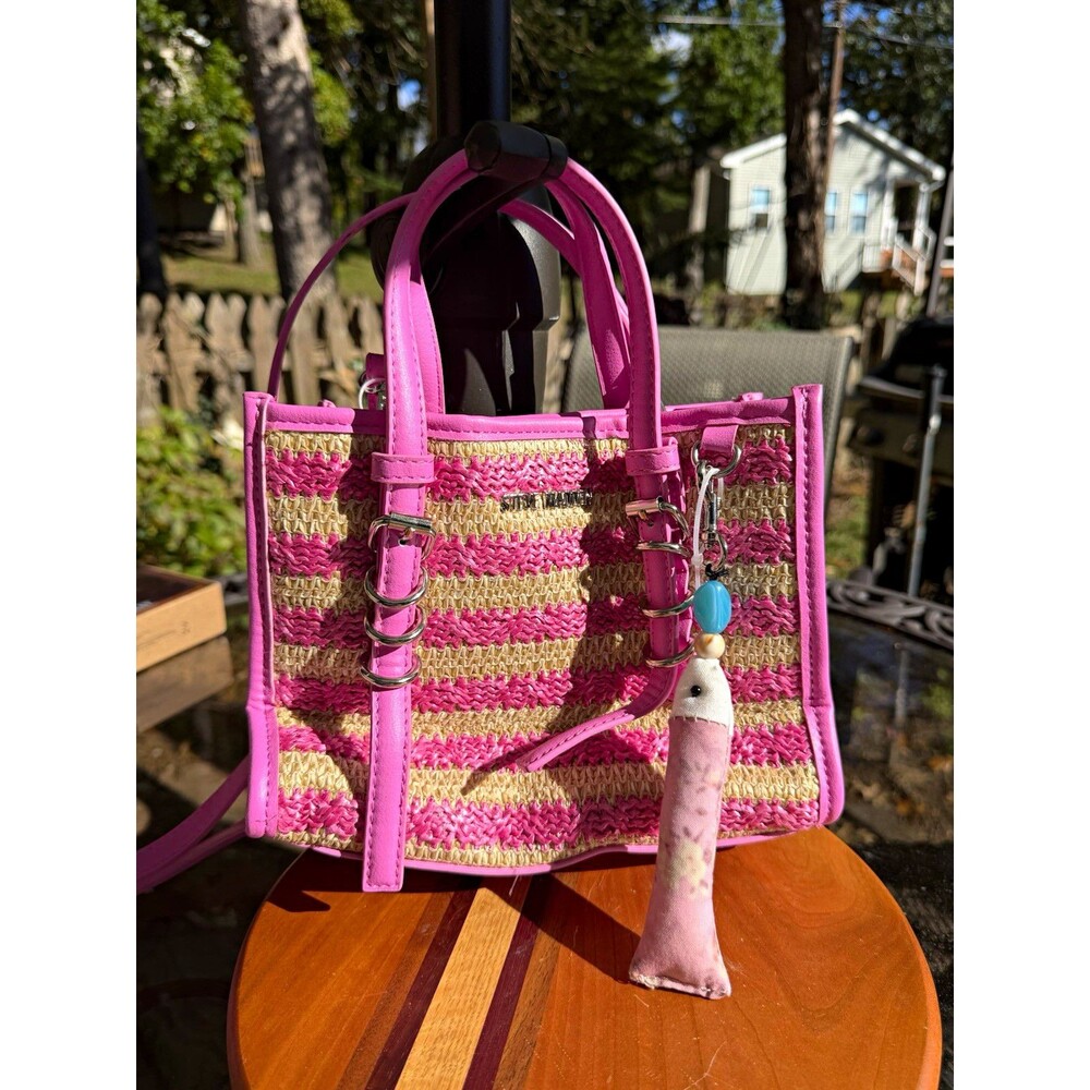 Steve Madden Pink Beige Striped Straw Satchel Top Handle Detachable Strap Charm